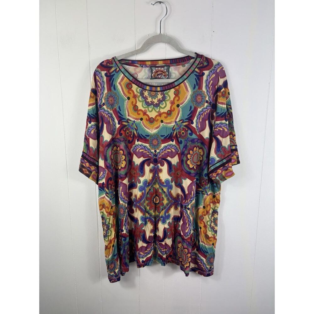 Johnny Was Janie Favorite Mcanna Crew Neck Short Tee Shirt Pink Beige Top 3X